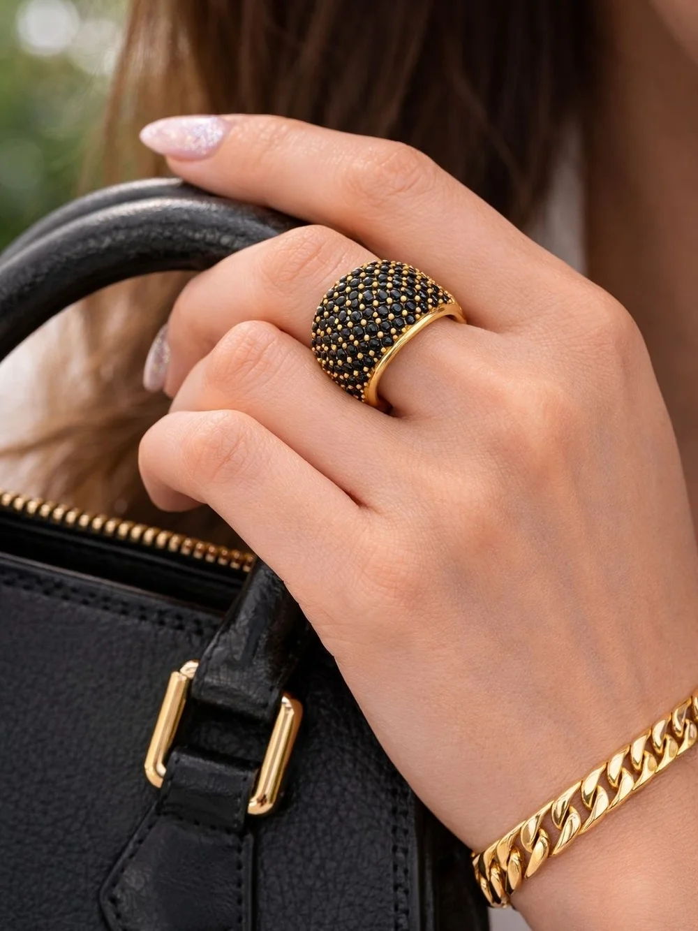 Gold Dome Ring with Black Pavé Accents - Women Jewelry